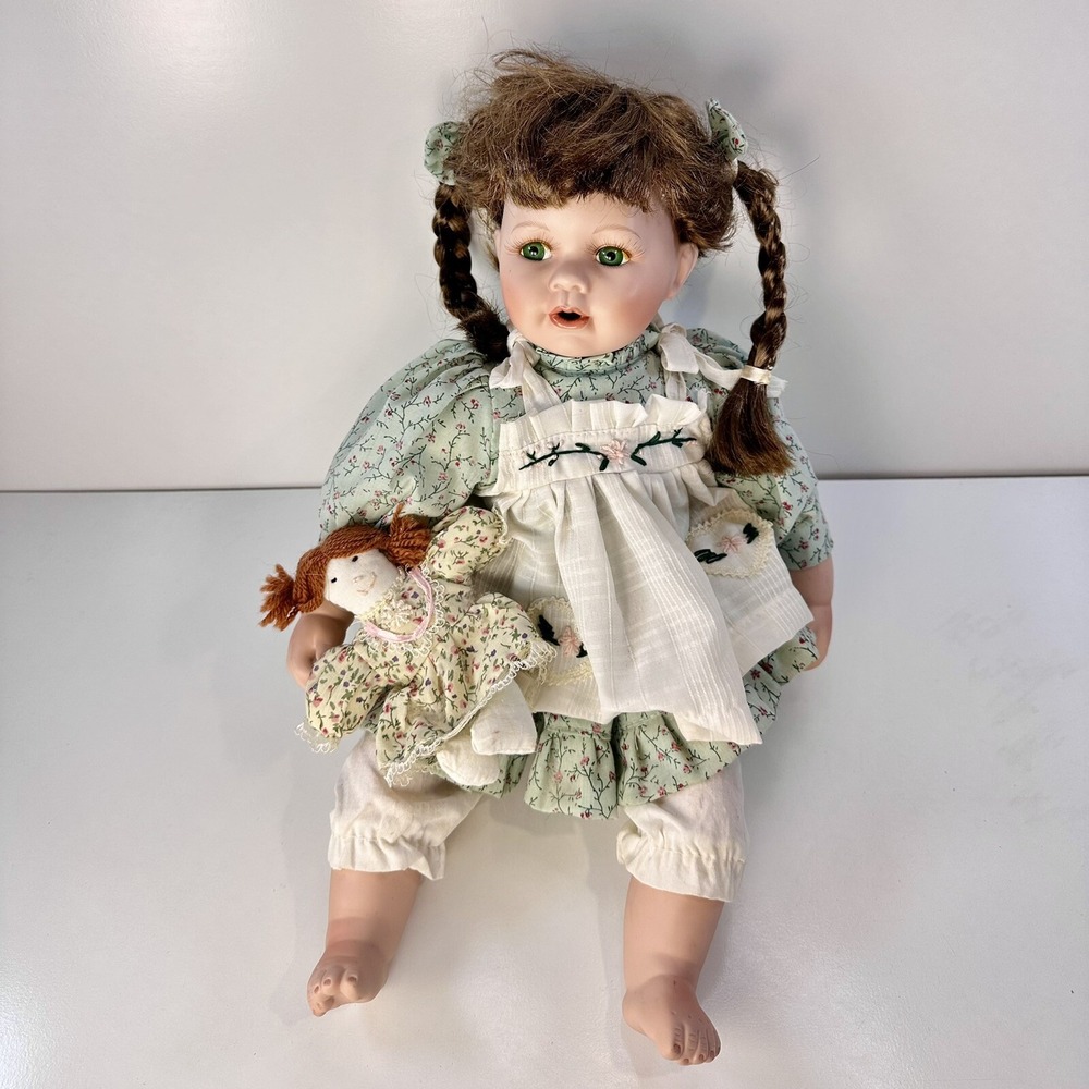 Vintage Porcelain Baby Doll Tuss Pretty Eyes Braids Clean Dress with Lovey